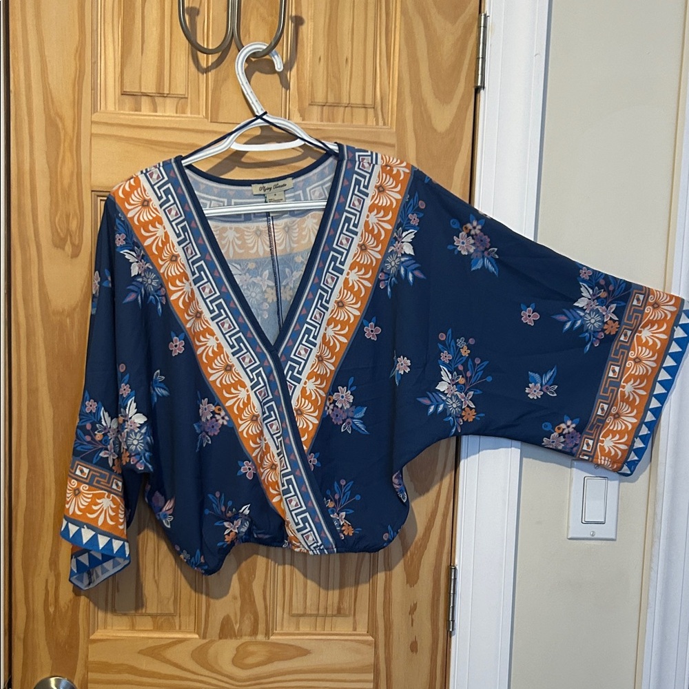 Flying Tomato Navy and Orange Floral Blouse